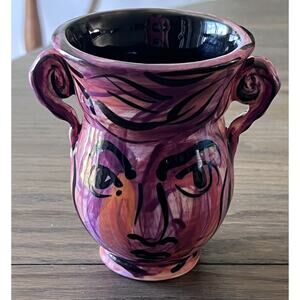 Pottery Ceramic Art Face Vase Handpainted Hand Signed 5" Patrick Dougherty Look